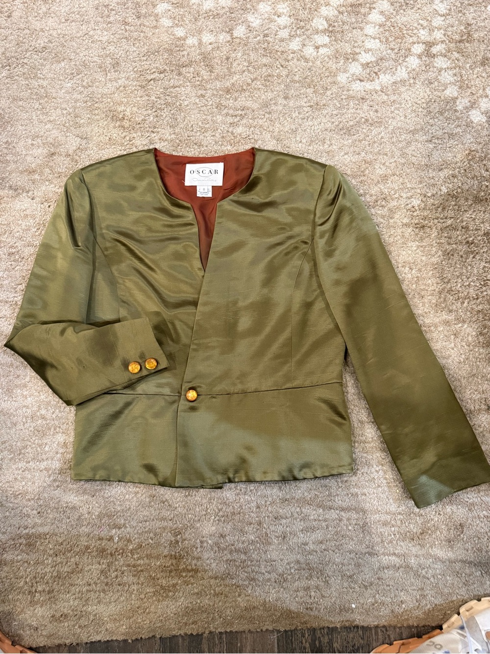 Vintage Oscar de la Renta Olive Green 100% Silk Jacket - Picture 2 of 5